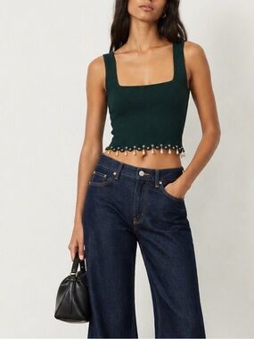 Sandro Knitted Crop Top With Jewel Tassels In Vert Bouteille Green